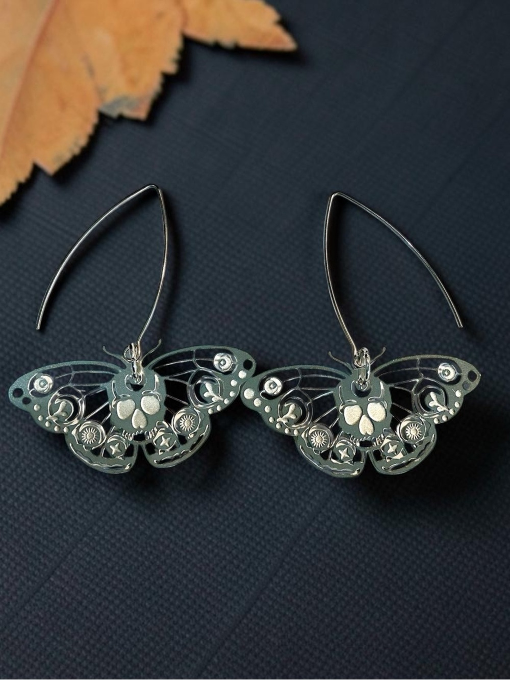 🆕 Skull on a Moth Laser Etched Dangle Earrings